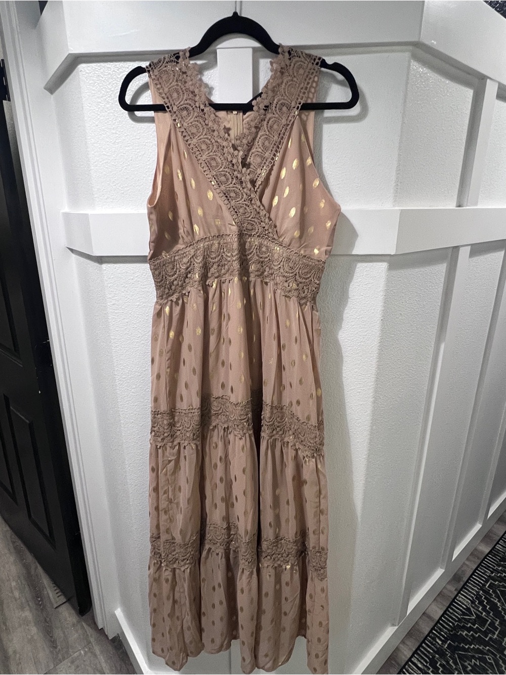 Tiered Lace-Trim Maxi Dress in Blush with Gold Dot Accents